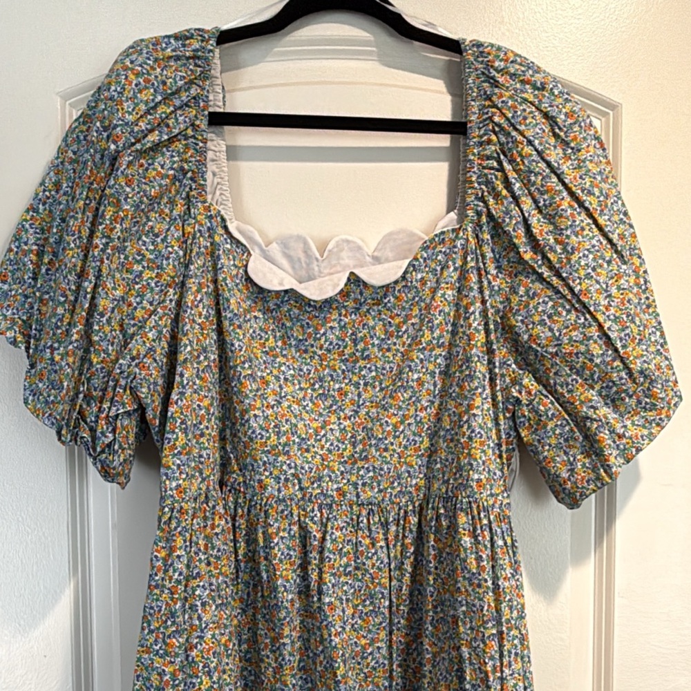 English Factory Blue Multi Floral High-Low Dress with Puff Sleeves